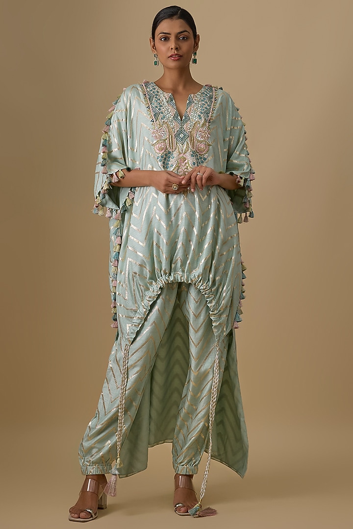 Seafoam Green Dola Silk Embroidered Kaftan Set by Payal Singhal at Pernia's Pop Up Shop