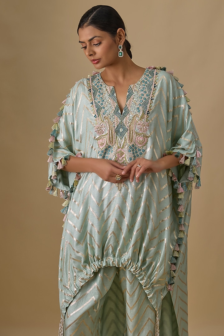 Seafoam Green Dola Silk Embroidered Kaftan Set by Payal Singhal at Pernia's Pop Up Shop