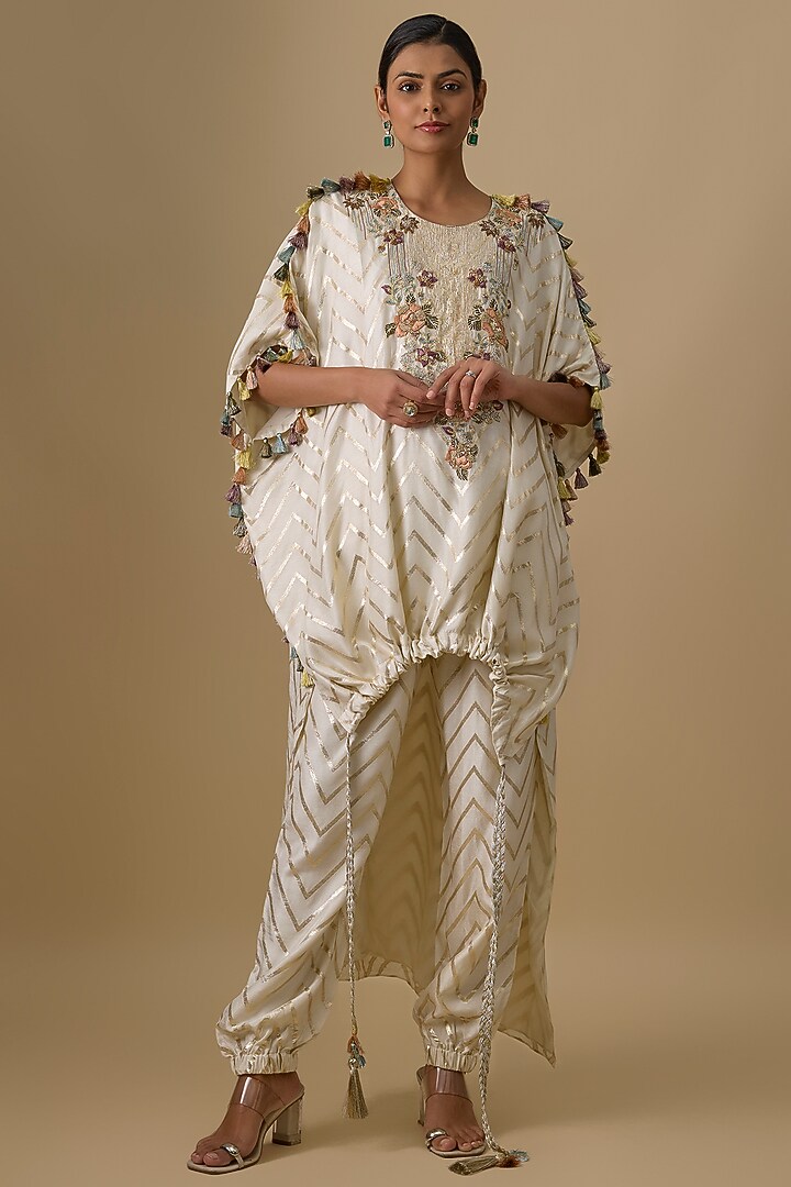 Off-White Dola Silk Embroidered Kaftan Set by Payal Singhal at Pernia's Pop Up Shop