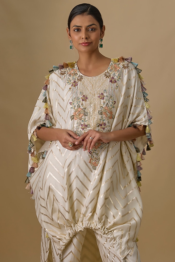 Off-White Dola Silk Embroidered Kaftan Set by Payal Singhal at Pernia's Pop Up Shop