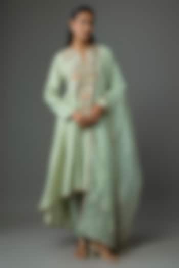 Mint Green Silkmul Resham Embroidered Bridal Anarkali Set by Payal Singhal at Pernia's Pop Up Shop