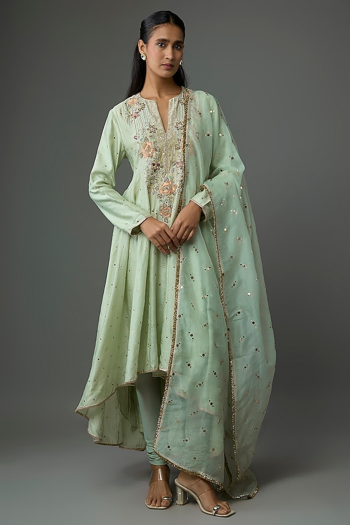 Mint Green Silkmul Resham Embroidered Bridal Anarkali Set by Payal Singhal at Pernia's Pop Up Shop