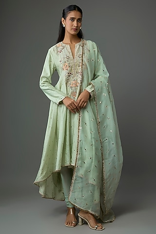 Mint Green Silkmul Resham Embroidered Anarkali Set by Payal Singhal