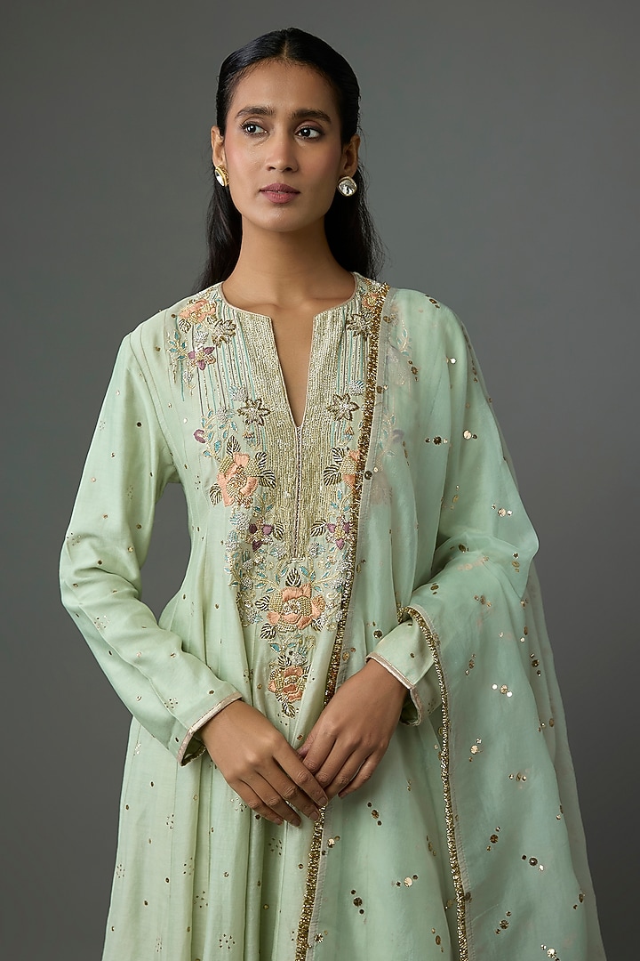 Mint Green Silkmul Resham Embroidered Bridal Anarkali Set by Payal Singhal at Pernia's Pop Up Shop