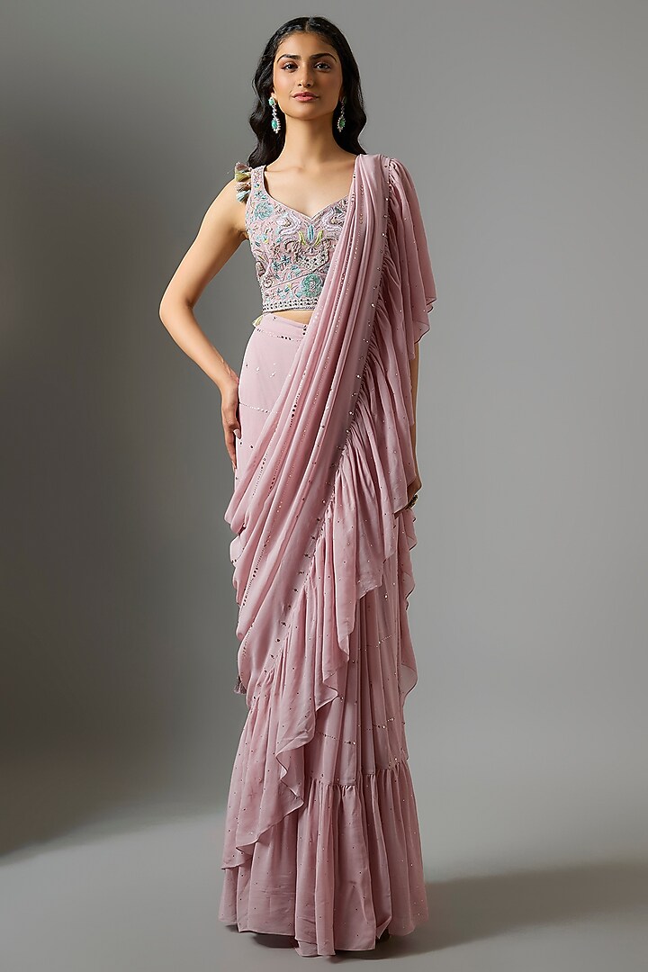 Lilac Mukaish Georgette Embroidered Draped Reception Saree Set by Payal Singhal at Pernia's Pop Up Shop