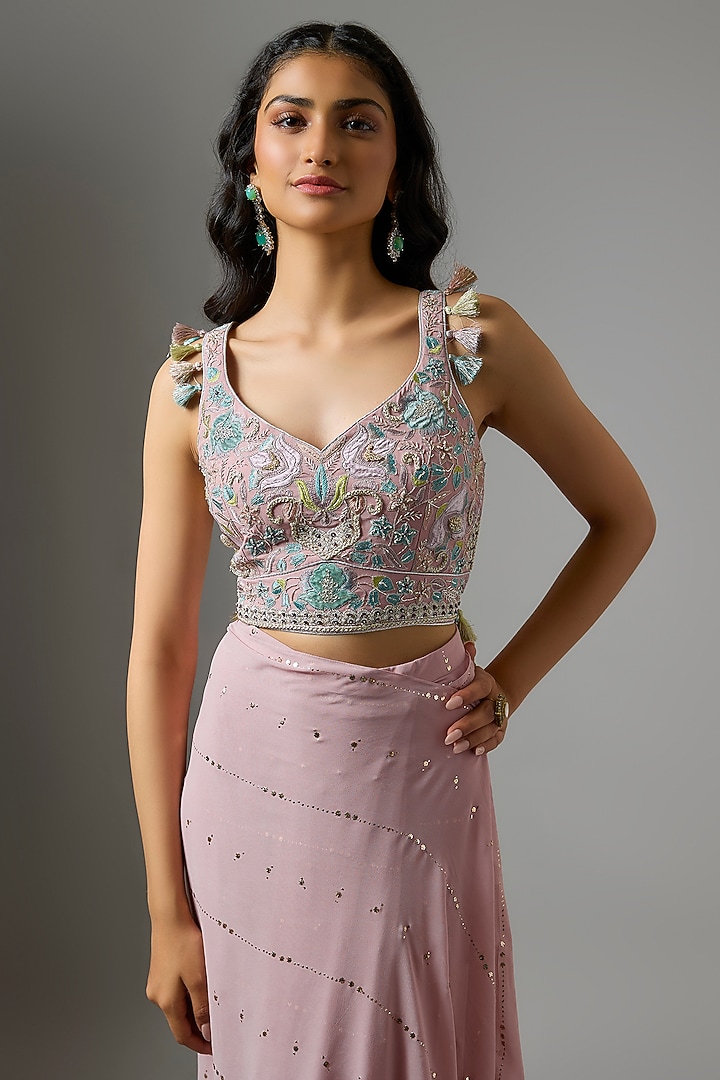 Lilac Mukaish Georgette Embroidered Draped Reception Saree Set by Payal Singhal at Pernia's Pop Up Shop