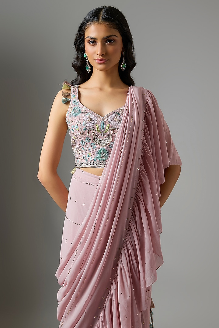 Lilac Mukaish Georgette Embroidered Draped Reception Saree Set by Payal Singhal at Pernia's Pop Up Shop