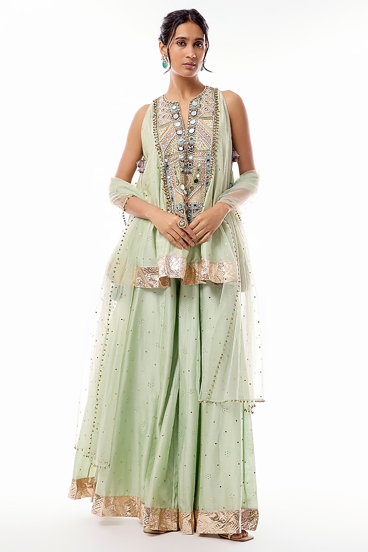 Mint Green Silk Mul Resham Embroidered Bridal Sharara Set by Payal Singhal at Pernia's Pop Up Shop