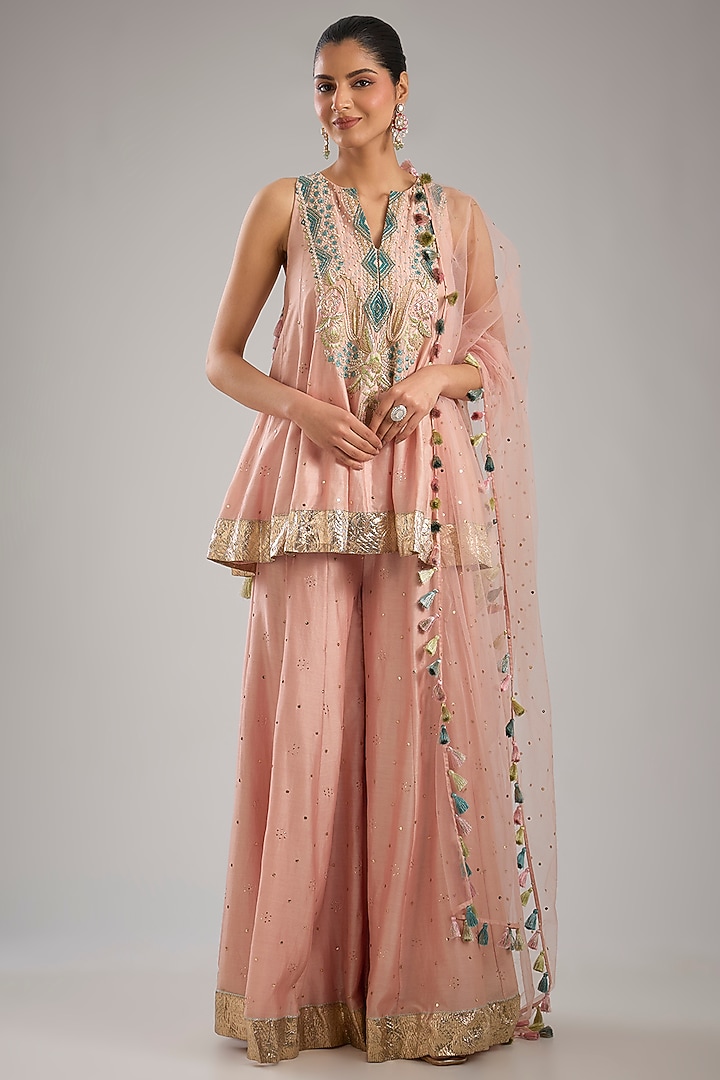 Blush Pink Silk Mul Resham Embroidered Kurta Set by Payal Singhal at Pernia's Pop Up Shop