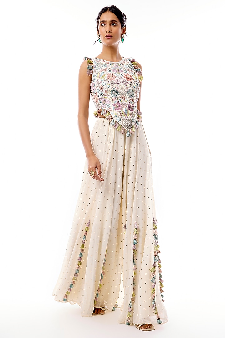 Off-White Mukaish Georgette Resham Embroidered Wedding Sharara Set by Payal Singhal at Pernia's Pop Up Shop