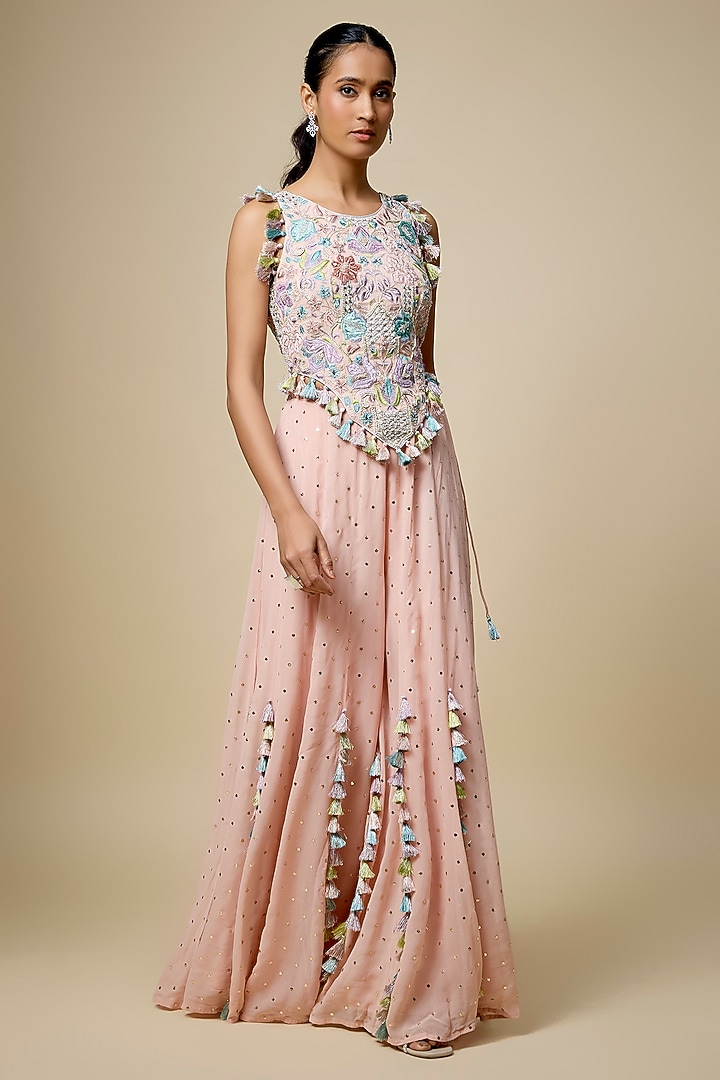 Blush Pink Mukaish Georgette Resham Embroidered Wedding Sharara Set by Payal Singhal at Pernia's Pop Up Shop