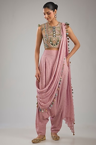 Lilac Mukaish Georgette Pant Saree Set by Payal Singhal