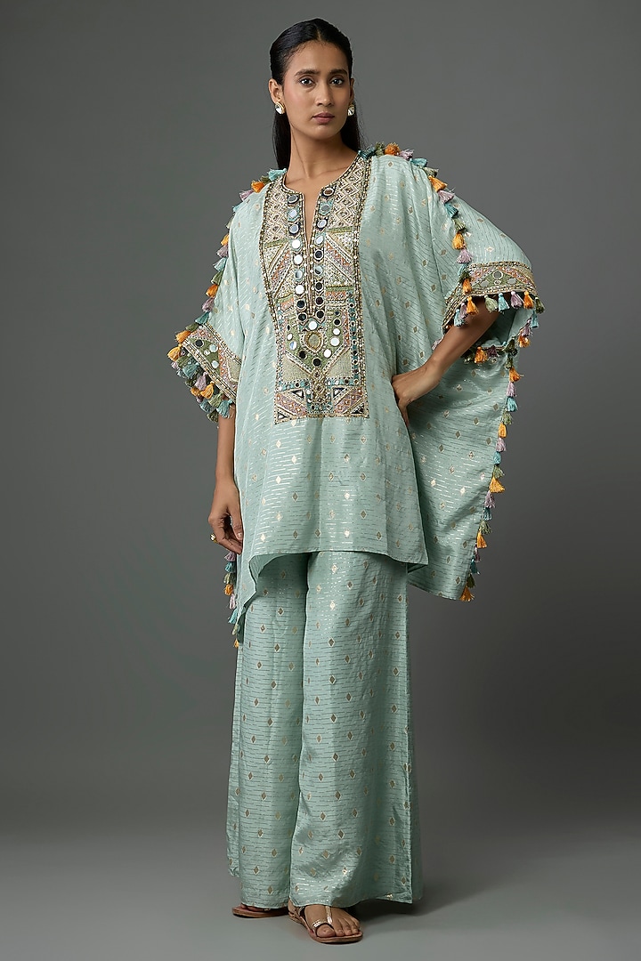 Seafoam Dola Silk Resham Embroidered Kaftan Set by Payal Singhal at Pernia's Pop Up Shop