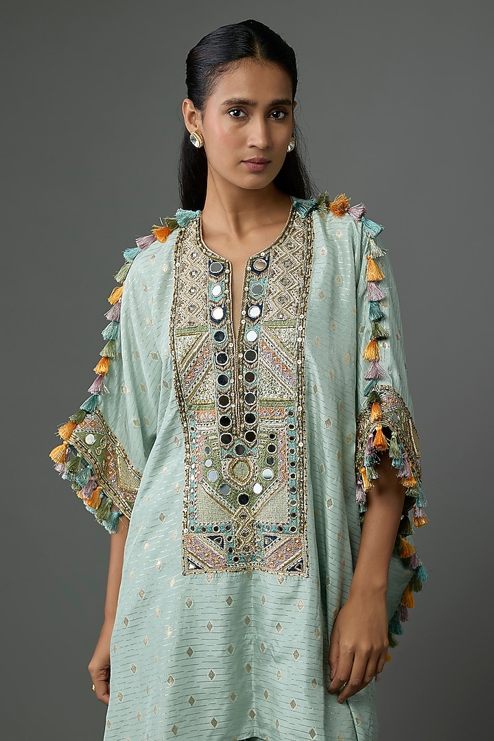 Seafoam Dola Silk Resham Embroidered Kaftan Set by Payal Singhal at Pernia's Pop Up Shop