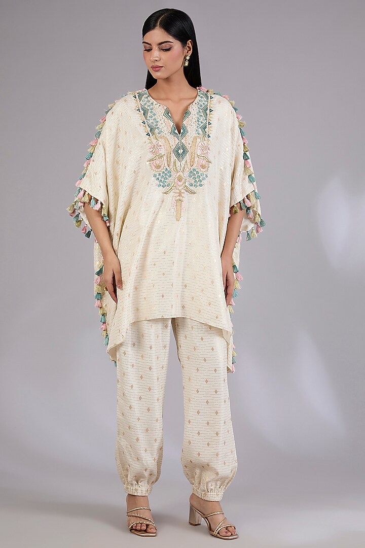 Off-White Dola Silk Resham Embroidered Kaftan Set by Payal Singhal at Pernia's Pop Up Shop