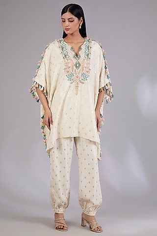Off-White Dola Silk Resham Embroidered Kaftan Set by Payal Singhal