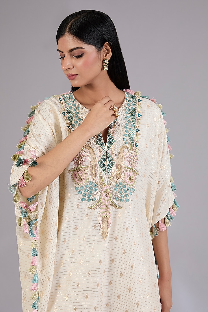 Off-White Dola Silk Resham Embroidered Kaftan Set by Payal Singhal at Pernia's Pop Up Shop