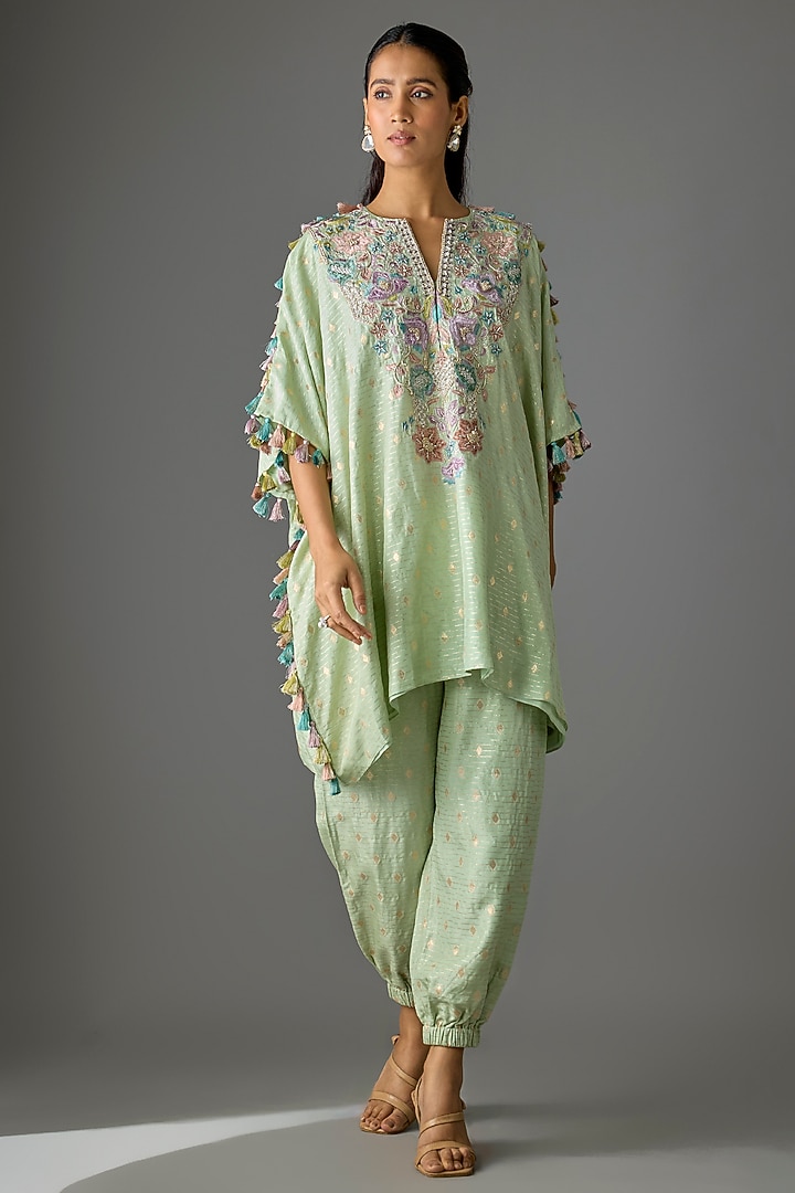Mint Green Dola Silk Resham Embroidered Kaftan Set by Payal Singhal at Pernia's Pop Up Shop