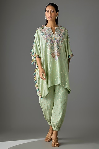 Mint Green Dola Silk Resham Embroidered Kaftan Set by Payal Singhal