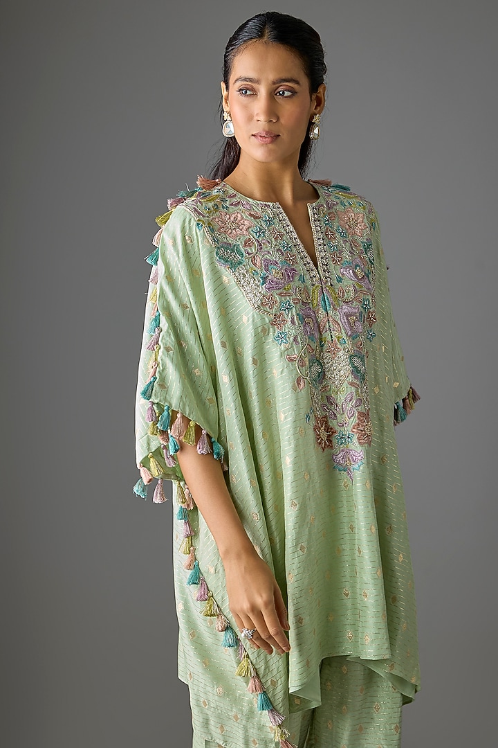 Mint Green Dola Silk Resham Embroidered Kaftan Set by Payal Singhal at Pernia's Pop Up Shop