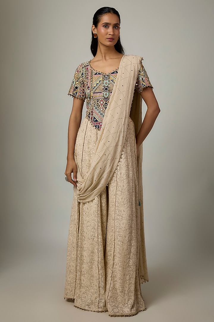 Ivory Lucknowi Georgette Bridal Sharara Set by Payal Singhal at Pernia's Pop Up Shop
