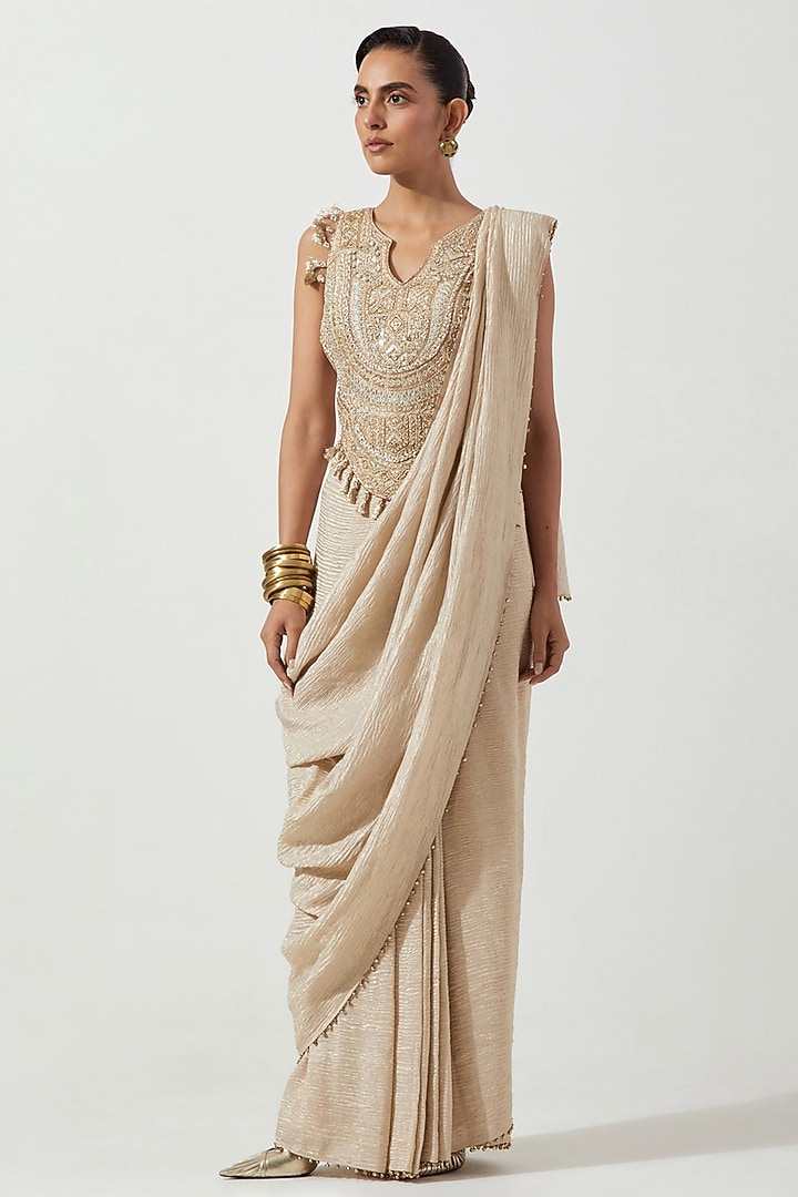 Stone Georgette Crushed Tissue Pre-Stitched Reception Saree Set by Payal Singhal at Pernia's Pop Up Shop