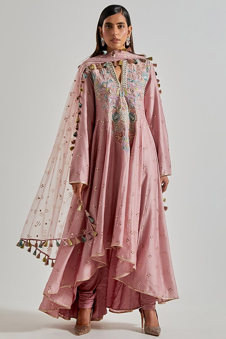 Pink Mukaish Silkmul Embroidered Bridal Anarkali Set by Payal Singhal at Pernia's Pop Up Shop