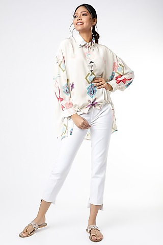 White Ikat Star Printed Shirt Tunic by PS Pret by Payal Singhal