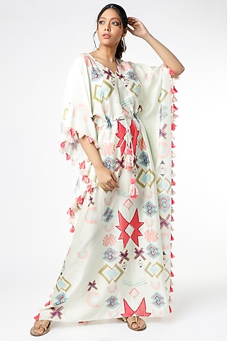 White Ikat Star Printed Kaftan by PS Pret by Payal Singhal