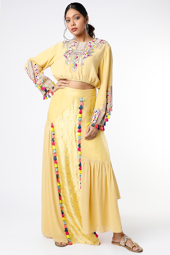 Pale Yellow Asymmetrical Skirt Set by Payal Singhal at Pernia's Pop Up Shop