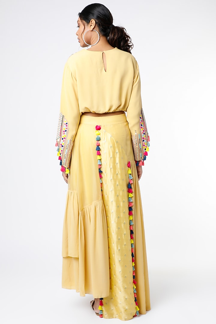 Pale Yellow Asymmetrical Skirt Set by Payal Singhal at Pernia's Pop Up Shop