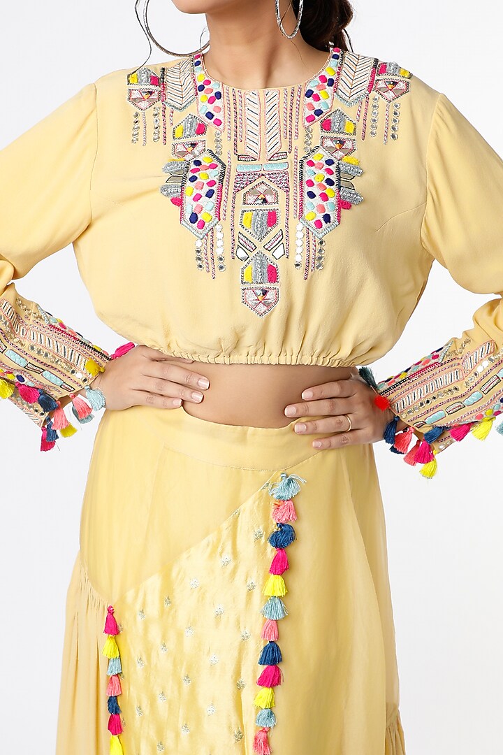 Pale Yellow Asymmetrical Skirt Set by Payal Singhal at Pernia's Pop Up Shop