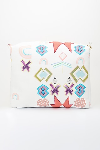 White Ikat Printed Large Vanity Bag by PAYAL SINGHAL ACCESSORIES