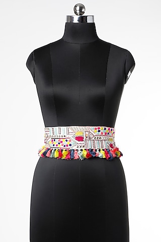 Cream Kutch Embroidered Tie-Up Belt by PAYAL SINGHAL ACCESSORIES
