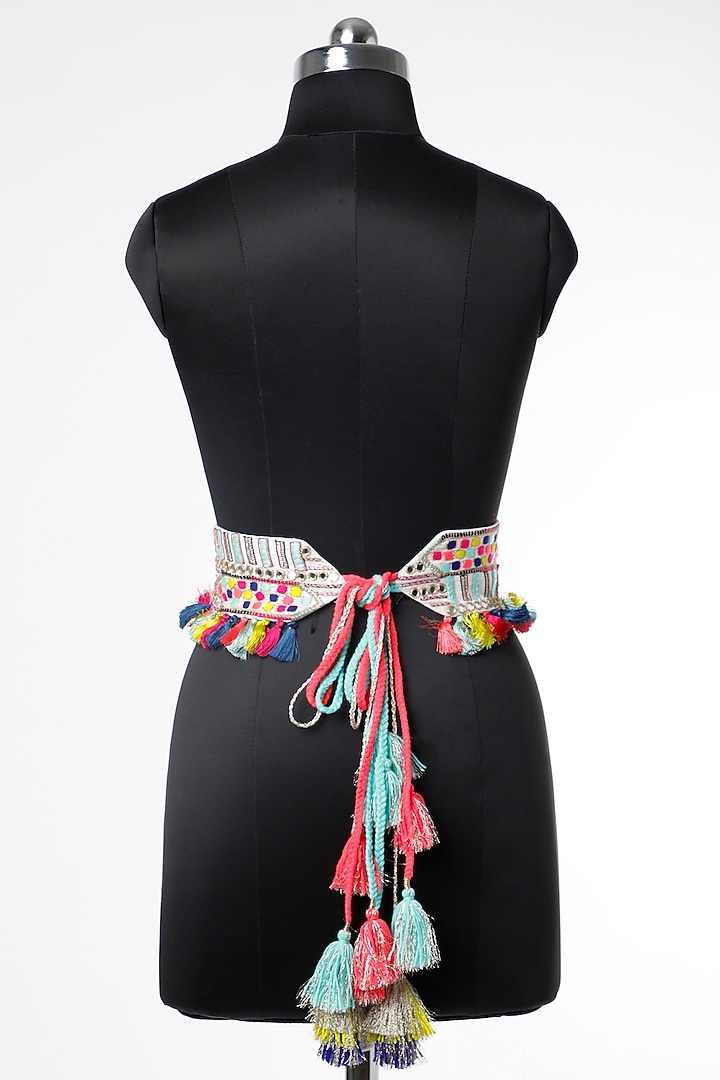 Cream Kutch Embroidered Tie-Up Belt by PAYAL SINGHAL ACCESSORIES at Pernia's Pop Up Shop