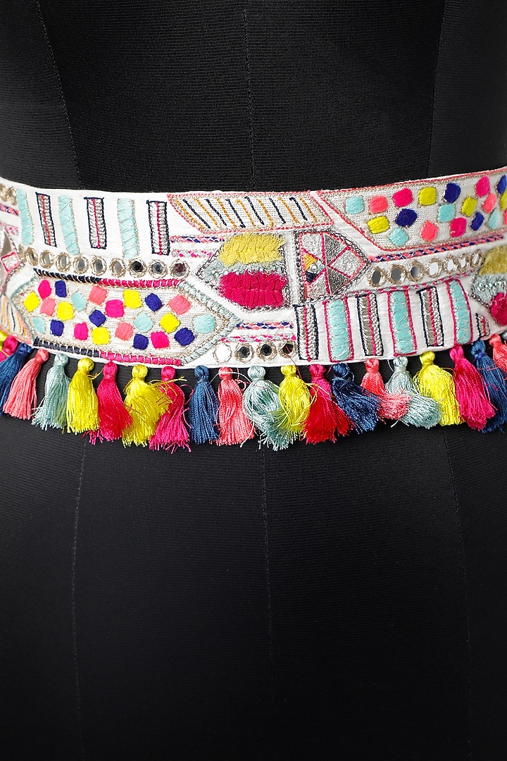 Cream Kutch Embroidered Tie-Up Belt by PAYAL SINGHAL ACCESSORIES at Pernia's Pop Up Shop