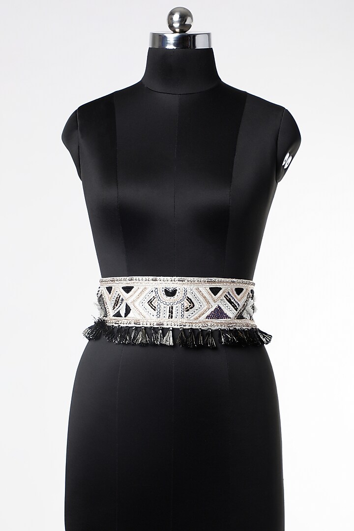 Black & White Geometric Embroidered Tie-Up Belt by PAYAL SINGHAL ACCESSORIES at Pernia's Pop Up Shop