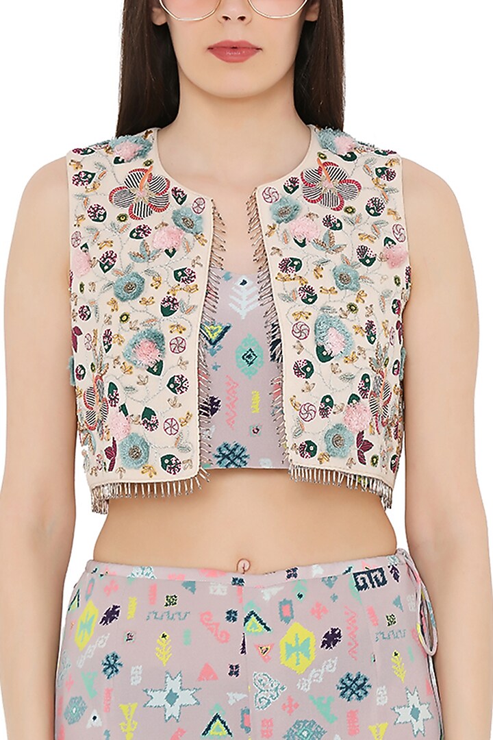 Stone Colored Embroidered Jacket Set by Payal Singhal at Pernia's Pop Up Shop