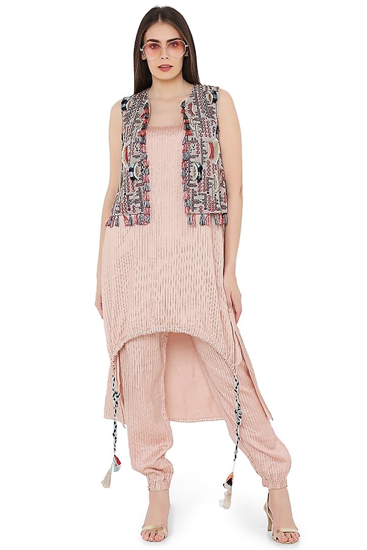 Rose Pink Asymmetric Kurta Set With Jacket by Payal Singhal