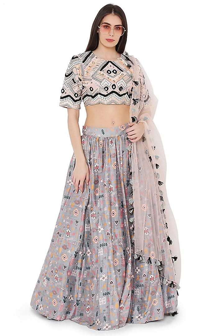 Grey Bandhani Kilim Printed Lehenga Set by Payal Singhal