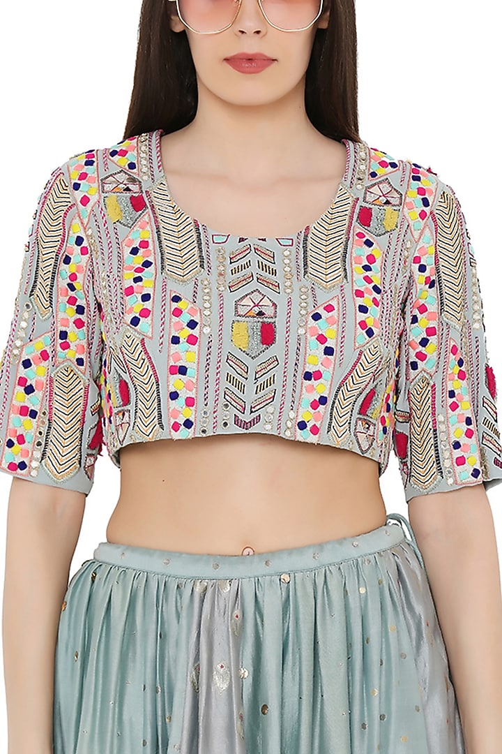 Pale Blue Silk Mulmul Paneled Wedding Lehenga Set by Payal Singhal at Pernia's Pop Up Shop