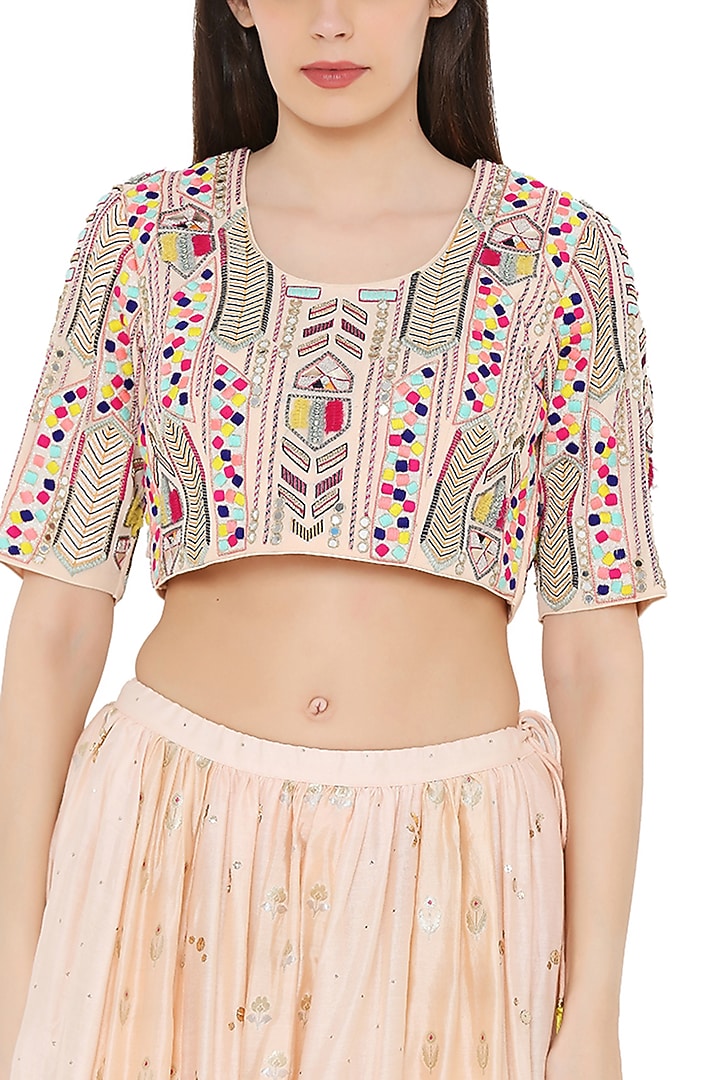 Peach Silk Mulmul Paneled Wedding Lehenga Set by Payal Singhal at Pernia's Pop Up Shop