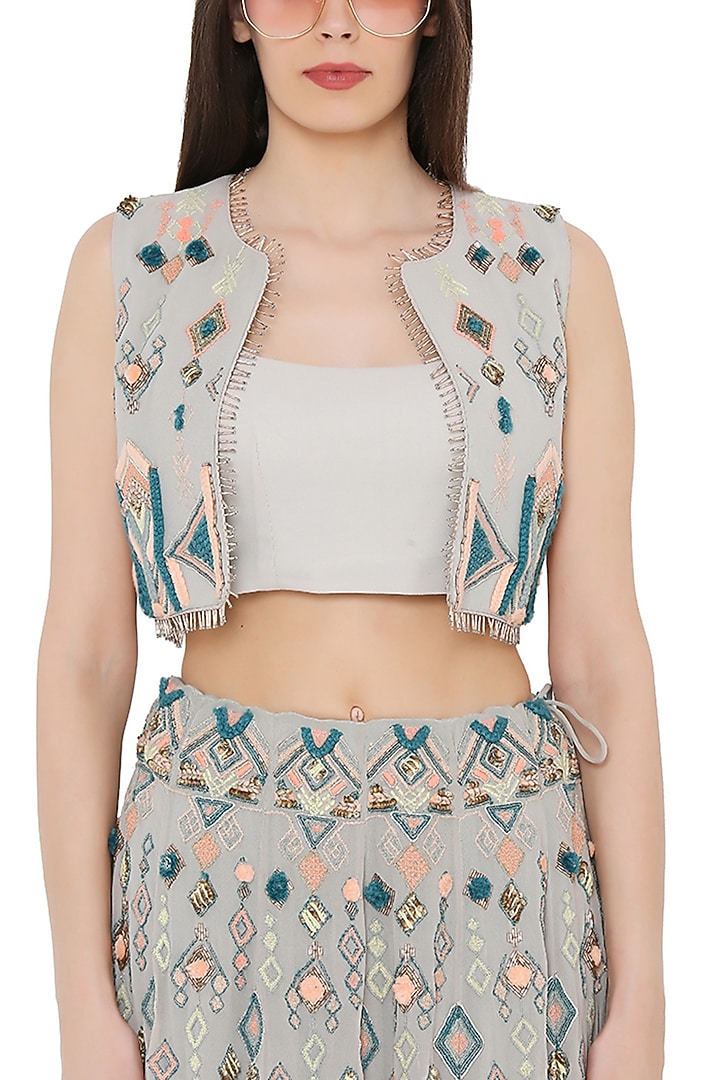 Pale Blue Bridal Lehenga Set With Short Jacket by Payal Singhal at Pernia's Pop Up Shop