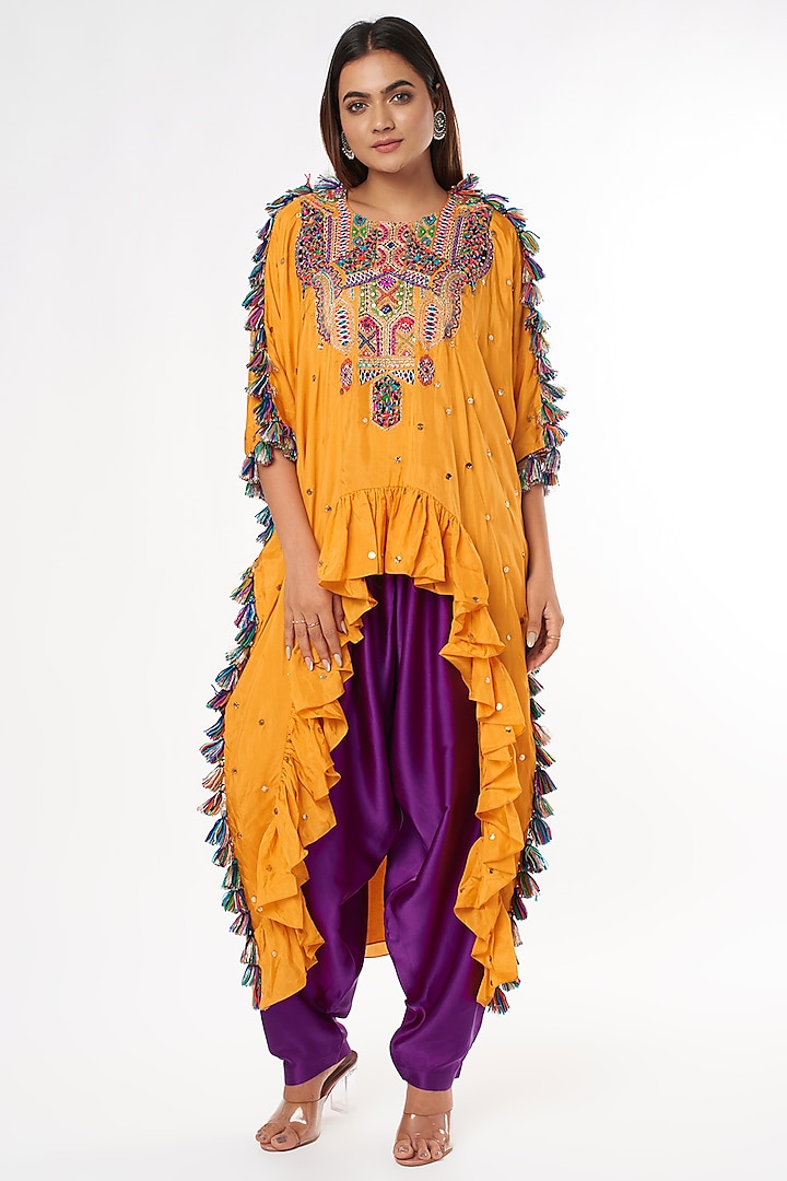 Mustard Embroidered High-Low Kaftan Set by Payal Singhal