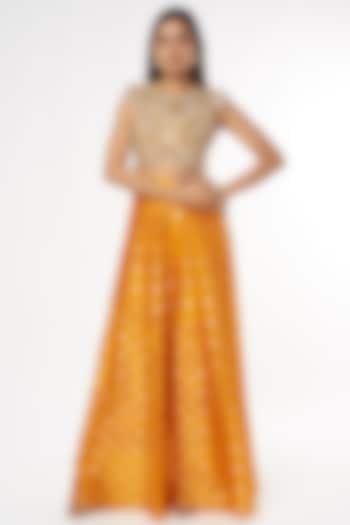Orange Bandhani Silk Skirt Set by Payal Singhal