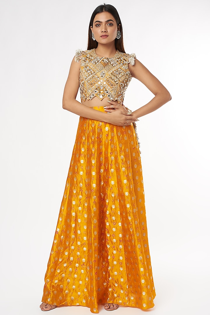 Orange Bandhani Silk Skirt Set by Payal Singhal