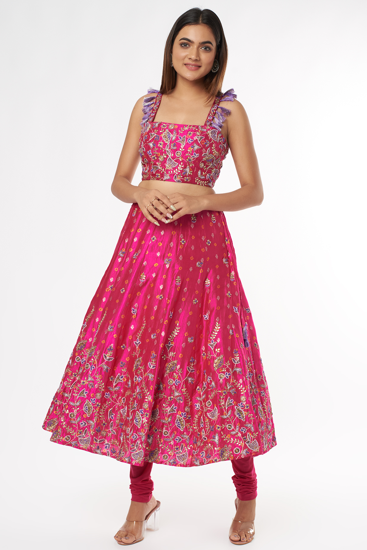 Fuchsia Embroidered Skirt Set With Attached Churidar Pants by Payal Singhal at Pernia's Pop Up Shop