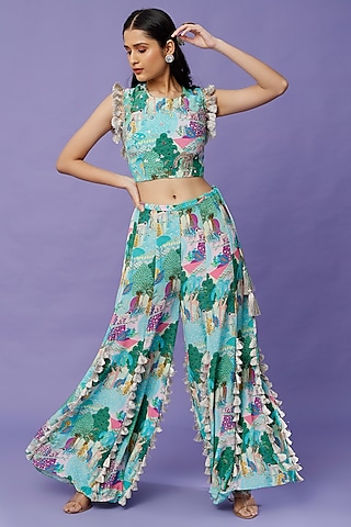 Turquoise Printed & Embroidered Sharara Set by Payal Singhal