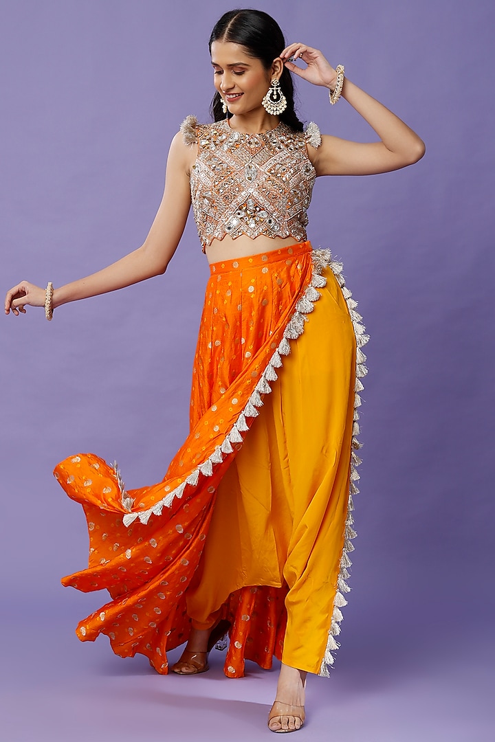 Orange Embroidered & Printed Skirt Set by Payal Singhal