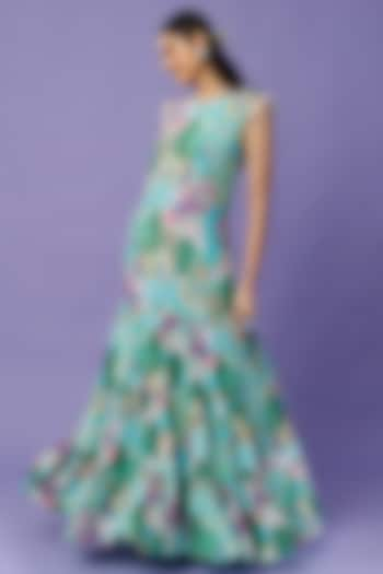 Turquoise Printed & Embroidered Dress by Payal Singhal at Pernia's Pop Up Shop